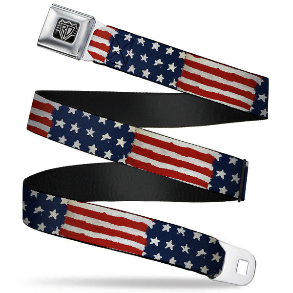 Buckle-Down BD Wings Logo CLOSE-UP Full Color Black Silver Seatbelt Belt - Stars & Stripes Painting Webbing