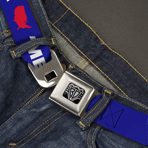 Buckle-Down BD Wings Logo CLOSE-UP Full Color Black Silver Seatbelt Belt - 'MERICA/USA Silhouette Blue/White/Red Webbing