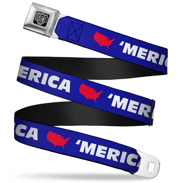 Buckle-Down BD Wings Logo CLOSE-UP Full Color Black Silver Seatbelt Belt - 'MERICA/USA Silhouette Blue/White/Red Webbing