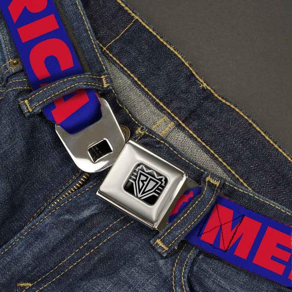 Buckle-Down BD Wings Logo CLOSE-UP Full Color Black Silver Seatbelt Belt - 'MERICA/USA Silhouette Blue/Red Webbing