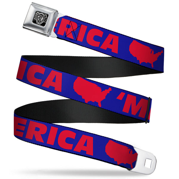 Buckle-Down BD Wings Logo CLOSE-UP Full Color Black Silver Seatbelt Belt - 'MERICA/USA Silhouette Blue/Red Webbing