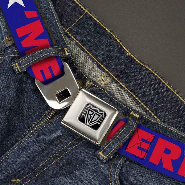 Buckle-Down BD Wings Logo CLOSE-UP Full Color Black Silver Seatbelt Belt - 'MERICA/Star Blue/Red/White Webbing