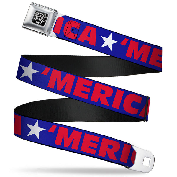 Buckle-Down BD Wings Logo CLOSE-UP Full Color Black Silver Seatbelt Belt - 'MERICA/Star Blue/Red/White Webbing