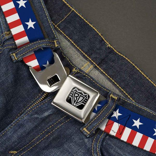 Buckle-Down BD Wings Logo CLOSE-UP Full Color Black Silver Seatbelt Belt - Americana Stars & Stripes2 Blue/White/Red/White Webbing