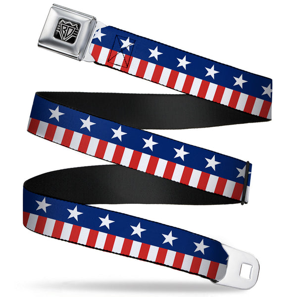 Buckle-Down BD Wings Logo CLOSE-UP Full Color Black Silver Seatbelt Belt - Americana Stars & Stripes2 Blue/White/Red/White Webbing