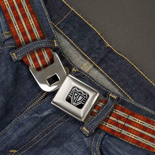 Buckle-Down BD Wings Logo CLOSE-UP Full Color Black Silver Seatbelt Belt - Americana Plaid2 Webbing