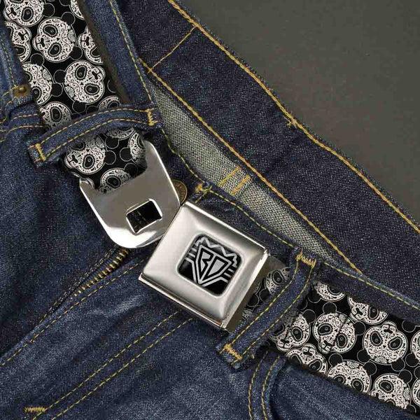 Buckle-Down BD Wings Logo CLOSE-UP Full Color Black Silver Seatbelt Belt - Panda Bear Sugar Skull Scattered Black/Cream Webbing