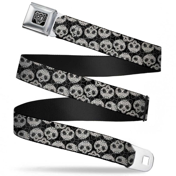 Buckle-Down BD Wings Logo CLOSE-UP Full Color Black Silver Seatbelt Belt - Panda Bear Sugar Skull Scattered Black/Cream Webbing