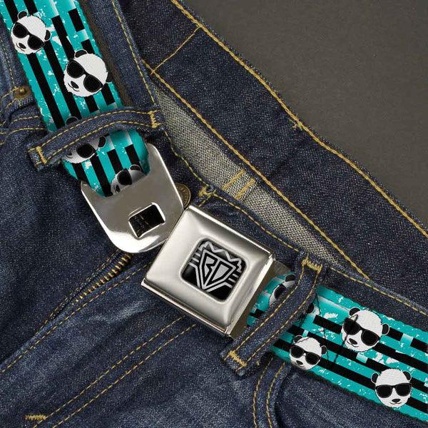 Buckle-Down BD Wings Logo CLOSE-UP Full Color Black Silver Seatbelt Belt - Multi Panda W/Sunglasses Stripe Turquoise/Black Webbing