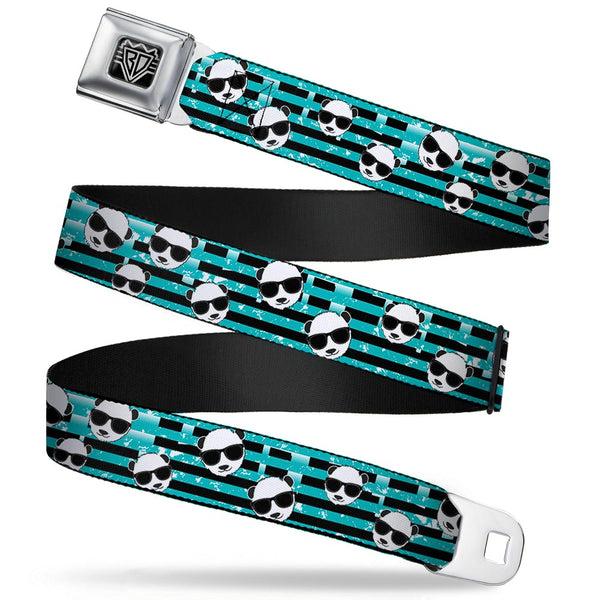 Buckle-Down BD Wings Logo CLOSE-UP Full Color Black Silver Seatbelt Belt - Multi Panda w/Sunglasses Stripe Turquoise/Black Webbing