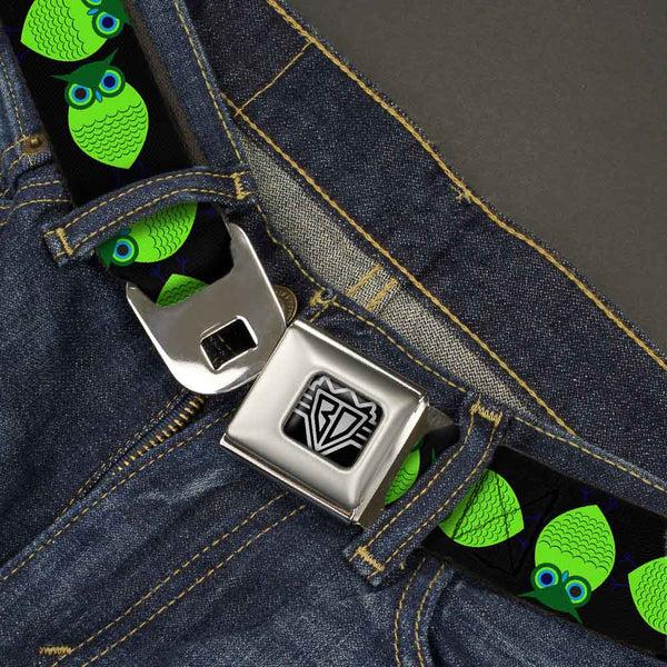 Buckle-Down BD Wings Logo CLOSE-UP Full Color Black Silver Seatbelt Belt - Owls Spin Black/Green Webbing