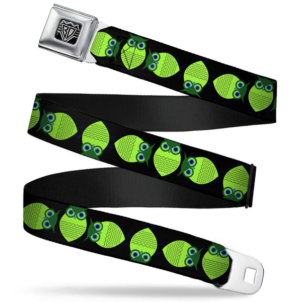 Buckle-Down BD Wings Logo CLOSE-UP Full Color Black Silver Seatbelt Belt - Owls Spin Black/Green Webbing