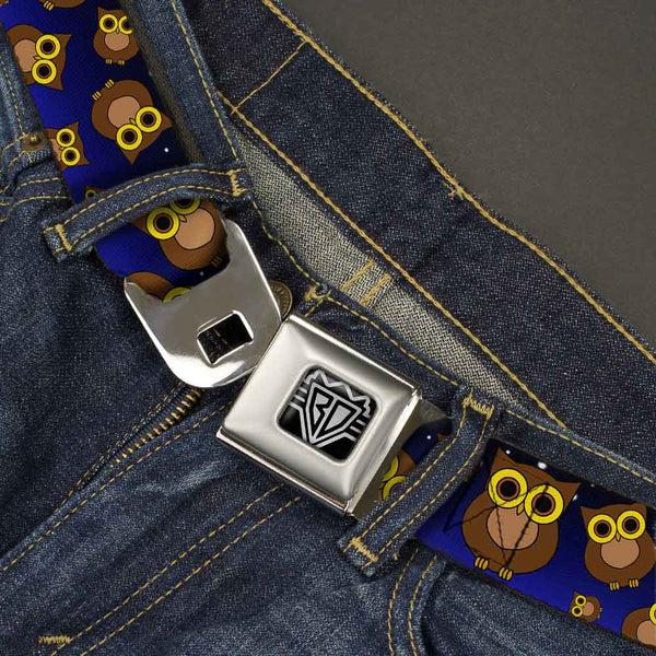 Buckle-Down BD Wings Logo CLOSE-UP Full Color Black Silver Seatbelt Belt - Owls Scattered Black/Blue-Fade/Yellow Webbing