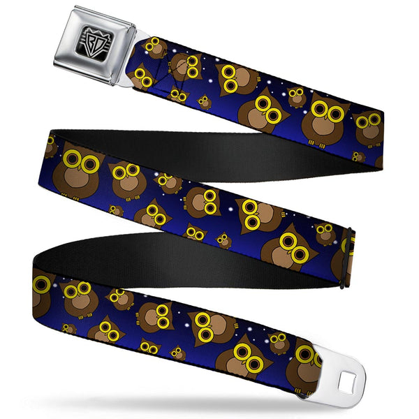 Buckle-Down BD Wings Logo CLOSE-UP Full Color Black Silver Seatbelt Belt - Owls Scattered Black/Blue-Fade/Yellow Webbing