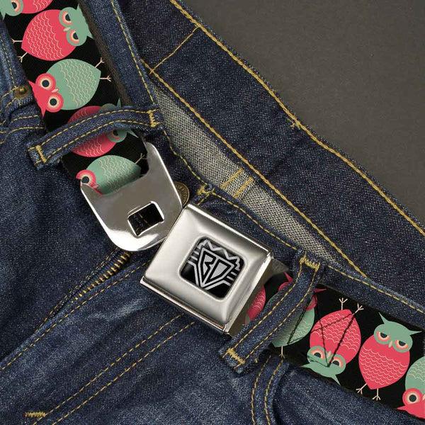 Buckle-Down BD Wings Logo CLOSE-UP Full Color Black Silver Seatbelt Belt - Owls Flip Black/Mauve/Sage Webbing