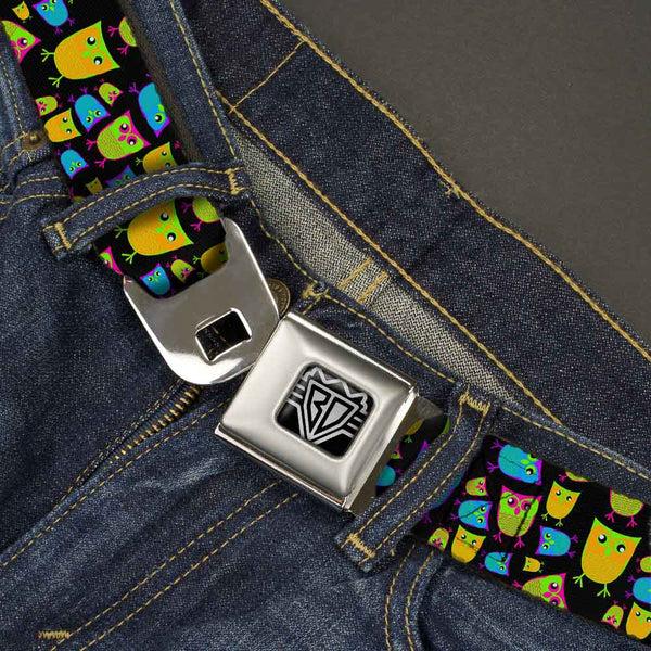 Buckle-Down BD Wings Logo CLOSE-UP Full Color Black Silver Seatbelt Belt - Owls Black/Multi Neon Webbing