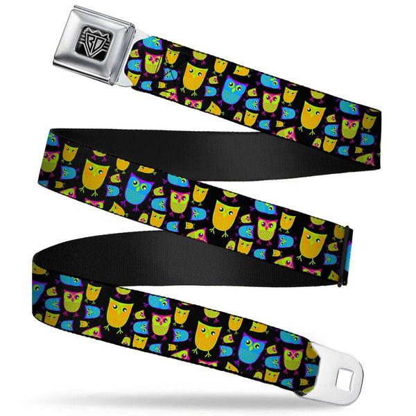 Buckle-Down BD Wings Logo CLOSE-UP Full Color Black Silver Seatbelt Belt - Owls Black/Multi Neon Webbing