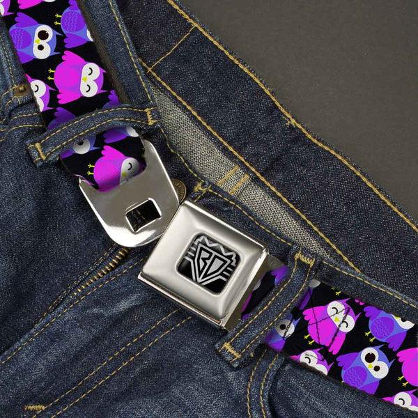 Buckle-Down BD Wings Logo CLOSE-UP Full Color Black Silver Seatbelt Belt - Owl Eyes Black/Purples/Pinks Webbing