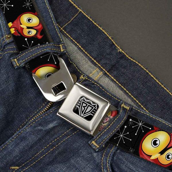 Buckle-Down BD Wings Logo CLOSE-UP Full Color Black Silver Seatbelt Belt - Big Eye Owl Webbing