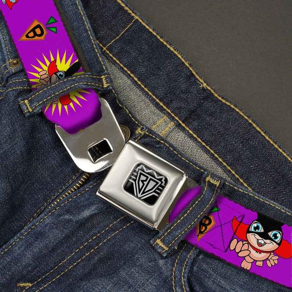 Buckle-Down BD Wings Logo CLOSE-UP Full Color Black Silver Seatbelt Belt - Bunny Superhero Purple Webbing