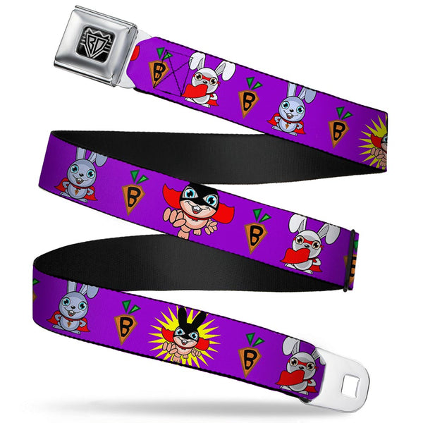 Buckle-Down BD Wings Logo CLOSE-UP Full Color Black Silver Seatbelt Belt - Bunny Superhero Purple Webbing