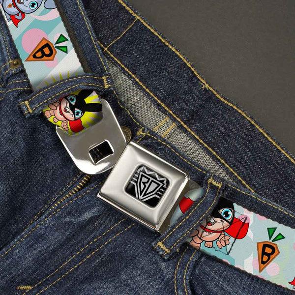 Buckle-Down BD Wings Logo CLOSE-UP Full Color Black Silver Seatbelt Belt - Bunny Superhero Multi Pastel Webbing