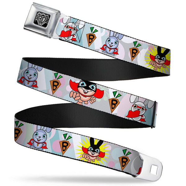 Buckle-Down BD Wings Logo CLOSE-UP Full Color Black Silver Seatbelt Belt - Bunny Superhero Multi Pastel Webbing