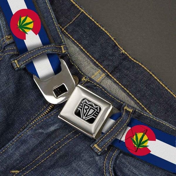 Buckle-Down BD Wings Logo CLOSE-UP Full Color Black Silver Seatbelt Belt - Colorado Flag/Marijuana Leaf Webbing