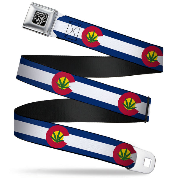 Buckle-Down BD Wings Logo CLOSE-UP Full Color Black Silver Seatbelt Belt - Colorado Flag/Marijuana Leaf Webbing