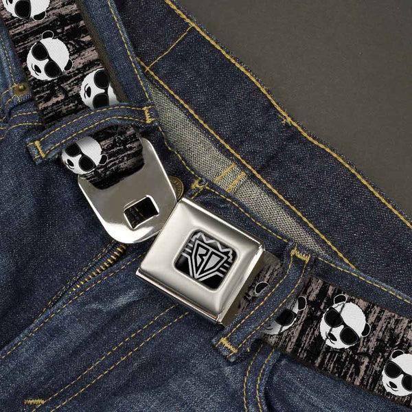 Buckle-Down BD Wings Logo CLOSE-UP Full Color Black Silver Seatbelt Belt - Panda W/Sunglasses & Palm Trees Webbing