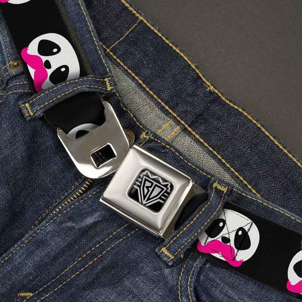 Buckle-Down BD Wings Logo CLOSE-UP Full Color Black Silver Seatbelt Belt - Panda Face W/Pink Mustache Webbing