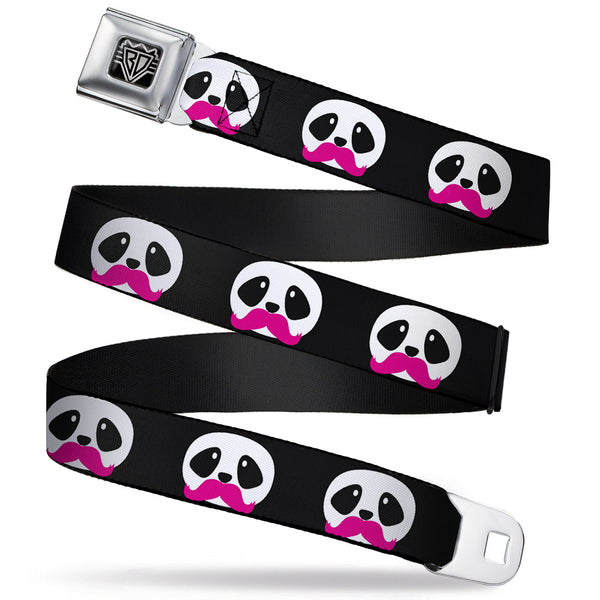 Buckle-Down BD Wings Logo CLOSE-UP Full Color Black Silver Seatbelt Belt - Panda Face w/Pink Mustache Webbing