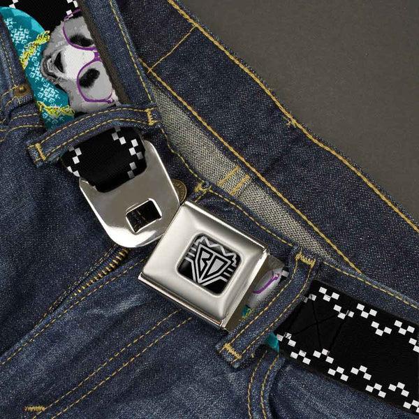 Buckle-Down BD Wings Logo CLOSE-UP Full Color Black Silver Seatbelt Belt - Panda Bling Webbing