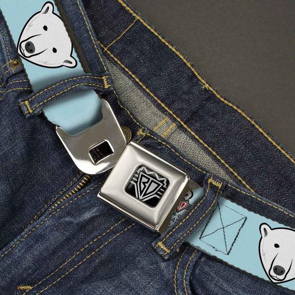 Buckle-Down BD Wings Logo CLOSE-UP Full Color Black Silver Seatbelt Belt - Polar Bear Repeat Baby Blue Webbing