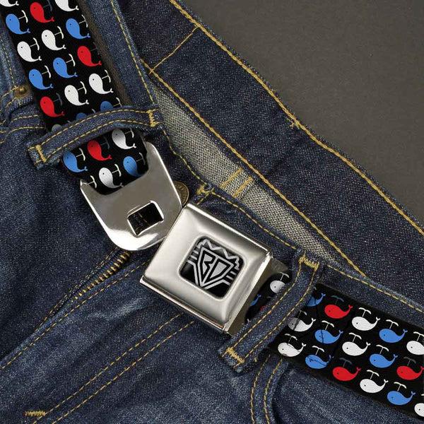 Buckle-Down BD Wings Logo CLOSE-UP Full Color Black Silver Seatbelt Belt - Whales Navy/Red/White/Blue Webbing