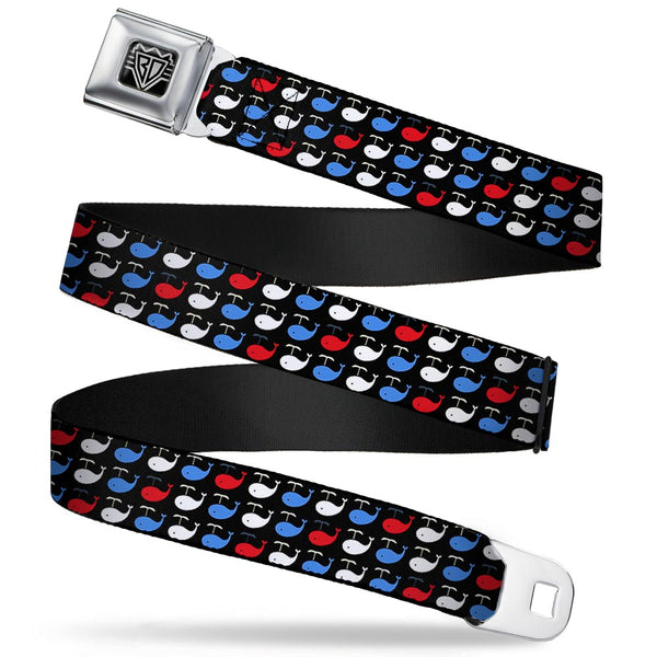 Buckle-Down BD Wings Logo CLOSE-UP Full Color Black Silver Seatbelt Belt - Whales Navy/Red/White/Blue Webbing