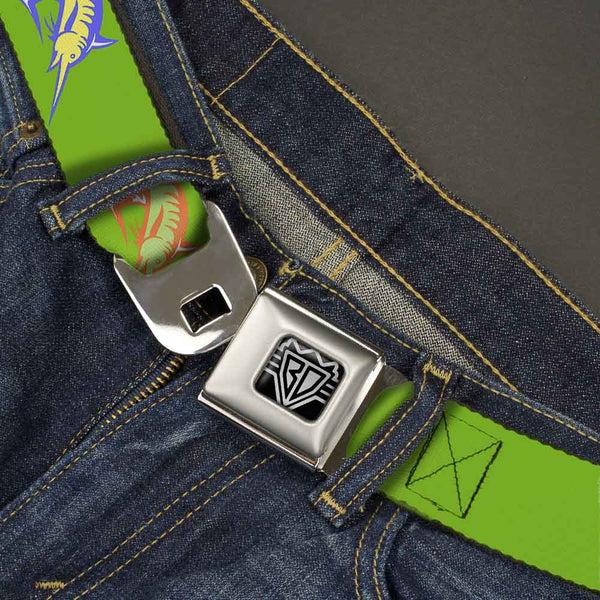 Buckle-Down BD Wings Logo CLOSE-UP Full Color Black Silver Seatbelt Belt - Marlin Green/Multi Color Webbing