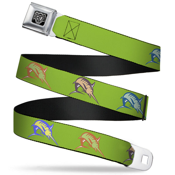 Buckle-Down BD Wings Logo CLOSE-UP Full Color Black Silver Seatbelt Belt - Marlin Green/Multi Color Webbing