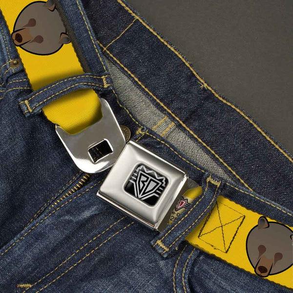 Buckle-Down BD Wings Logo CLOSE-UP Full Color Black Silver Seatbelt Belt - Brown Bear Repeat Yellow Webbing