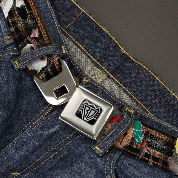 Buckle-Down BD Wings Logo CLOSE-UP Full Color Black Silver Seatbelt Belt - Dream Catcher Cats Webbing