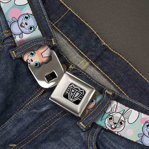 Buckle-Down BD Wings Logo CLOSE-UP Full Color Black Silver Seatbelt Belt - Cute Bunnies Multi Pastel Webbing