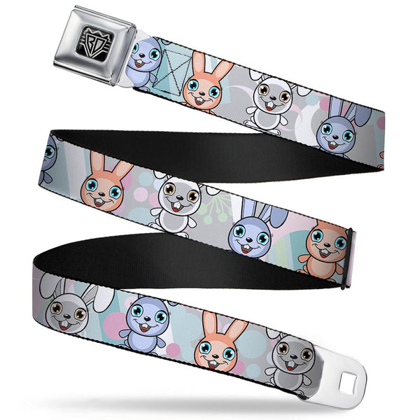 Buckle-Down BD Wings Logo CLOSE-UP Full Color Black Silver Seatbelt Belt - Cute Bunnies Multi Pastel Webbing