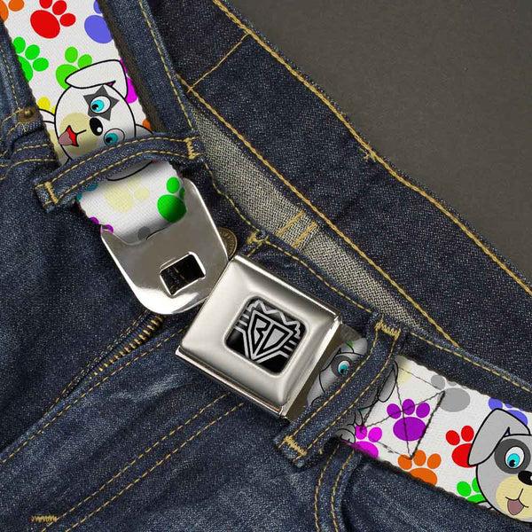 Buckle-Down BD Wings Logo CLOSE-UP Full Color Black Silver Seatbelt Belt - Puppies W/Paw Prints White/Multi Color Webbing