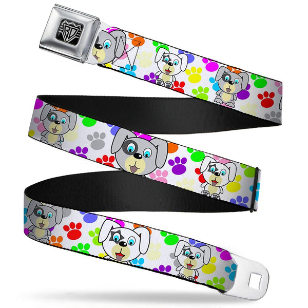 Buckle-Down BD Wings Logo CLOSE-UP Full Color Black Silver Seatbelt Belt - Puppies w/Paw Prints White/Multi Color Webbing
