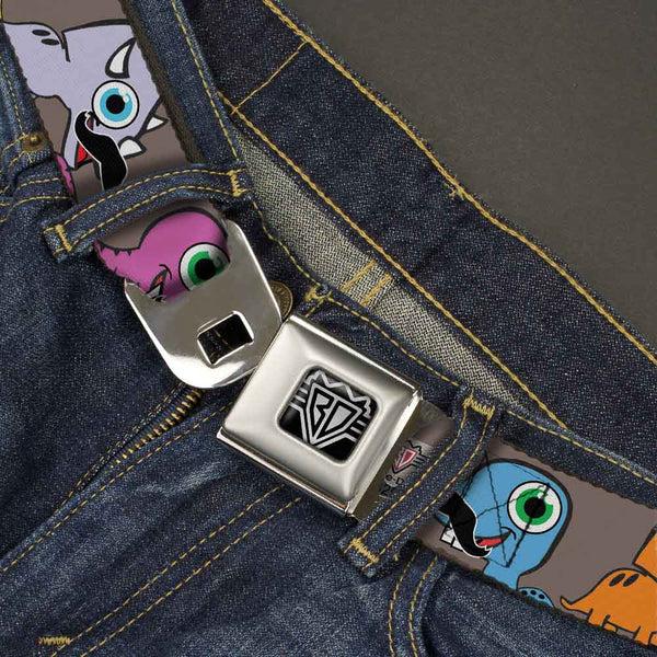 Buckle-Down BD Wings Logo CLOSE-UP Full Color Black Silver Seatbelt Belt - Cute Dinosaurs W/Mustaches Gray Webbing