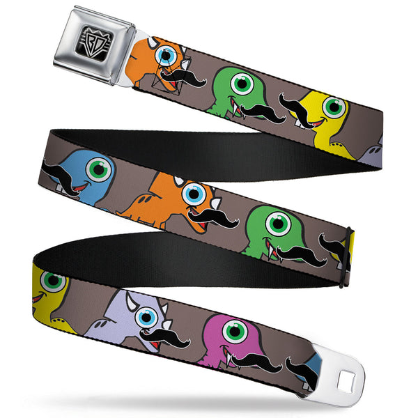 Buckle-Down BD Wings Logo CLOSE-UP Full Color Black Silver Seatbelt Belt - Cute Dinosaurs w/Mustaches Gray Webbing