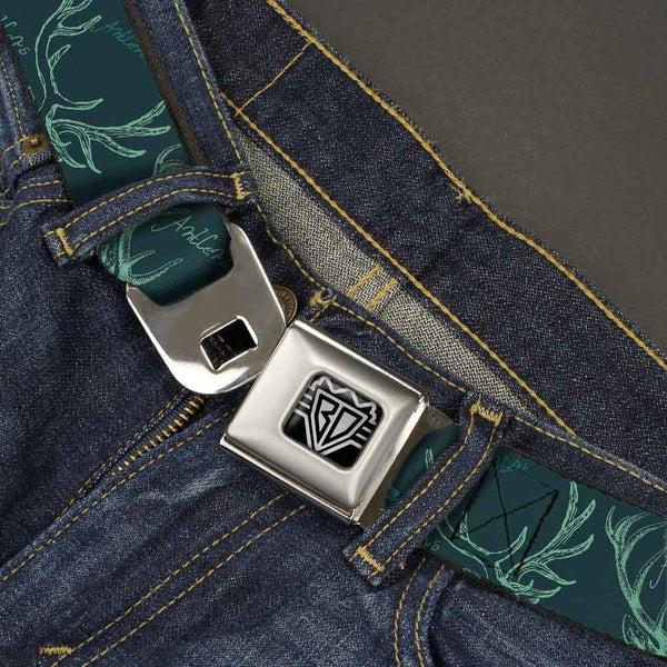Buckle-Down BD Wings Logo CLOSE-UP Full Color Black Silver Seatbelt Belt - Antlers Turquoise Webbing
