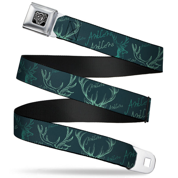 Buckle-Down BD Wings Logo CLOSE-UP Full Color Black Silver Seatbelt Belt - Antlers Turquoise Webbing