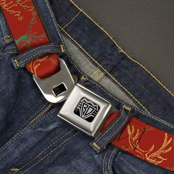 Buckle-Down BD Wings Logo CLOSE-UP Full Color Black Silver Seatbelt Belt - Antlers Brown/Turquoise/Gold Webbing