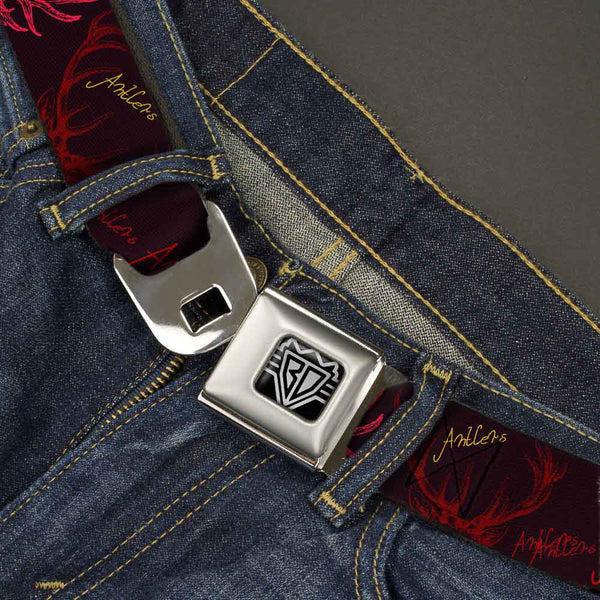 Buckle-Down BD Wings Logo CLOSE-UP Full Color Black Silver Seatbelt Belt - Antlers Black/Burgundy/Gold Webbing